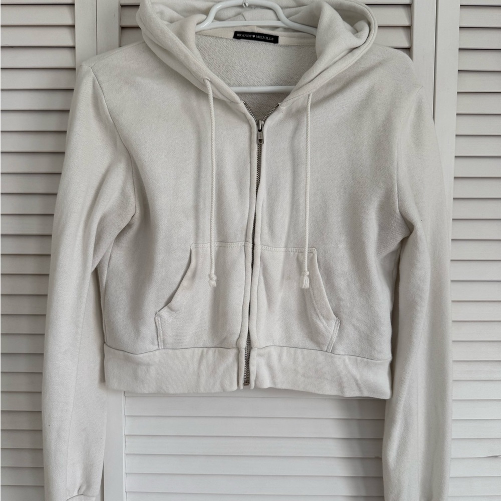 Brandy Melville Cropped White Zip-Up Hoodie